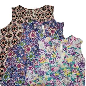 (3) Dear Scarlett Size 2XL V-Neck Tank Tops Bright Ikat Tropical Resort Vacation